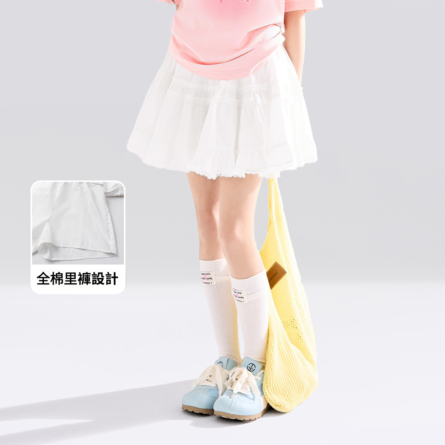 女童夏裝字母印花立體小熊短袖T恤白色防走光百褶裙
