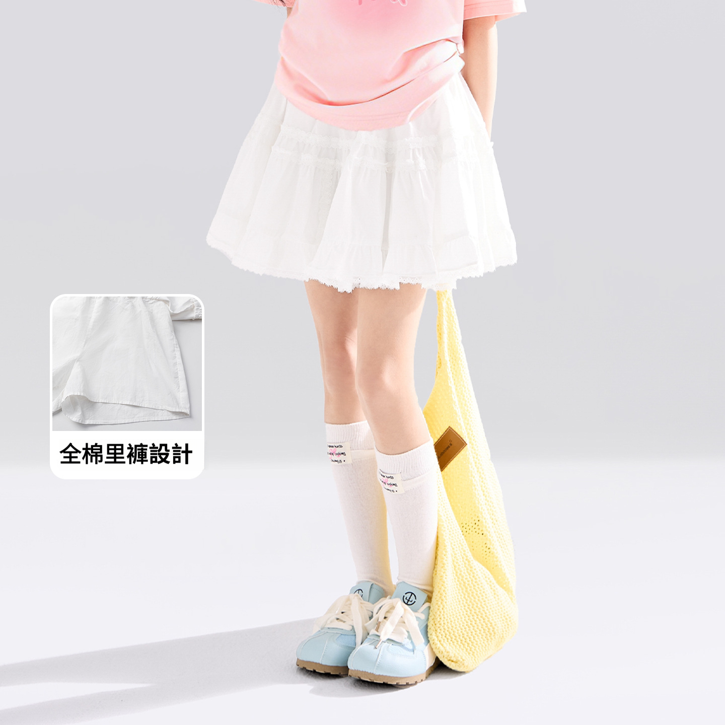 女童夏裝字母印花立體小熊短袖T恤白色防走光百褶裙