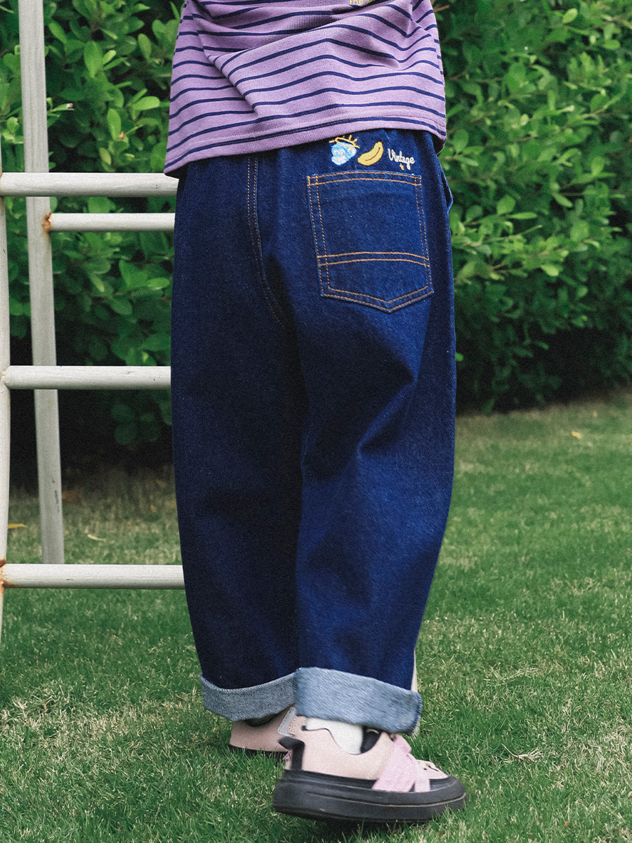 兒童春季復古印花直筒寬鬆休閑牛仔褲