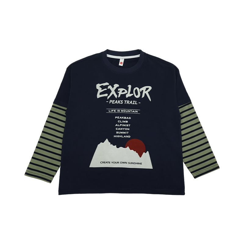 男童春季假兩件撞色印花長袖T恤