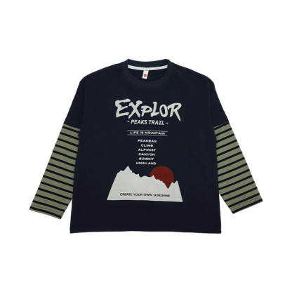 男童春季假兩件撞色印花長袖T恤