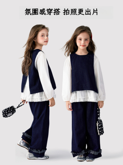 春季女童簡約軟牛仔馬甲牛仔褲兩件套
