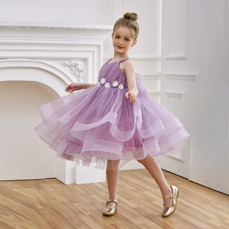 女童吊帶紫色花朵生日派對蓬蓬裙