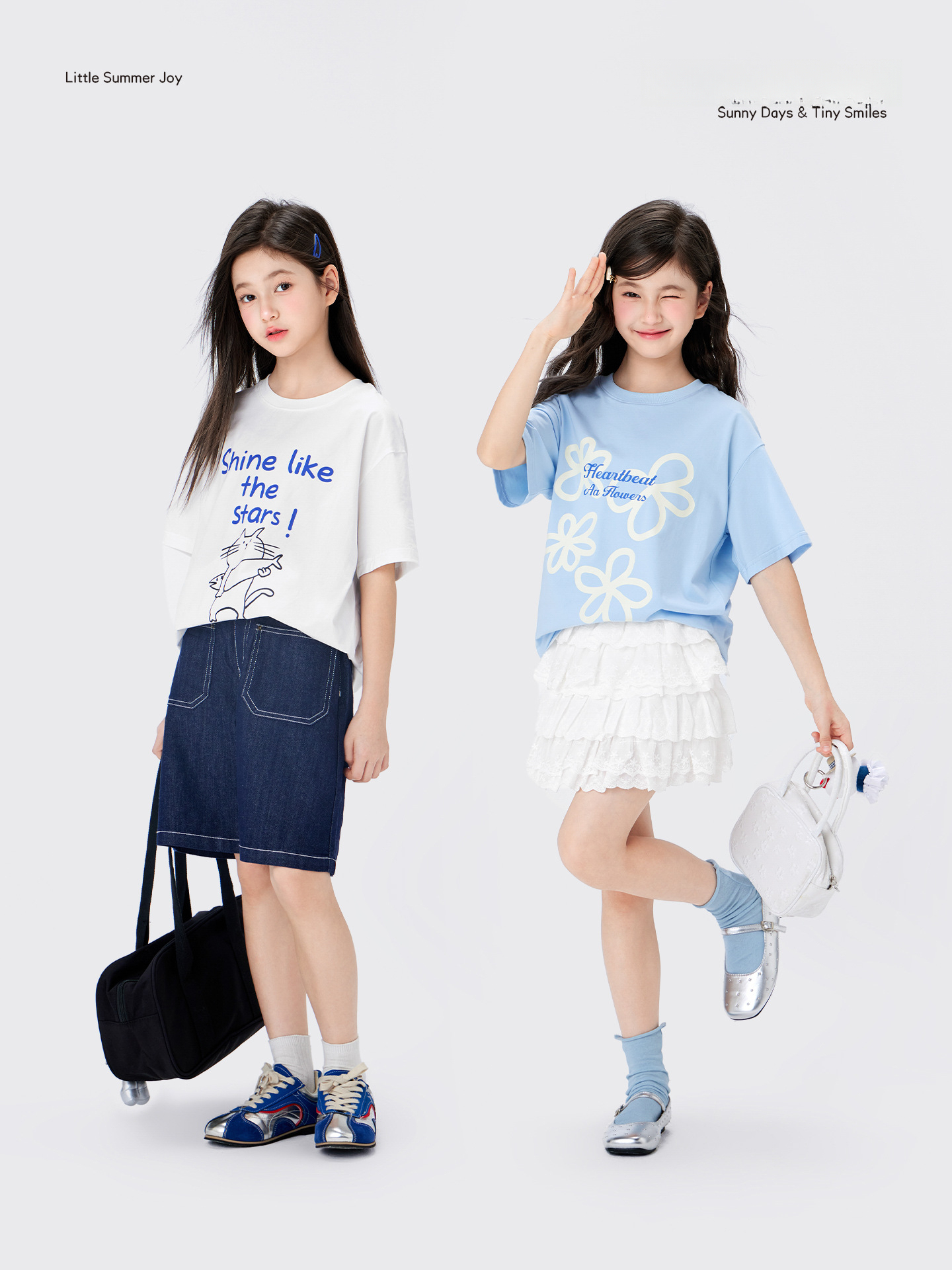 女童藍色小花短袖T