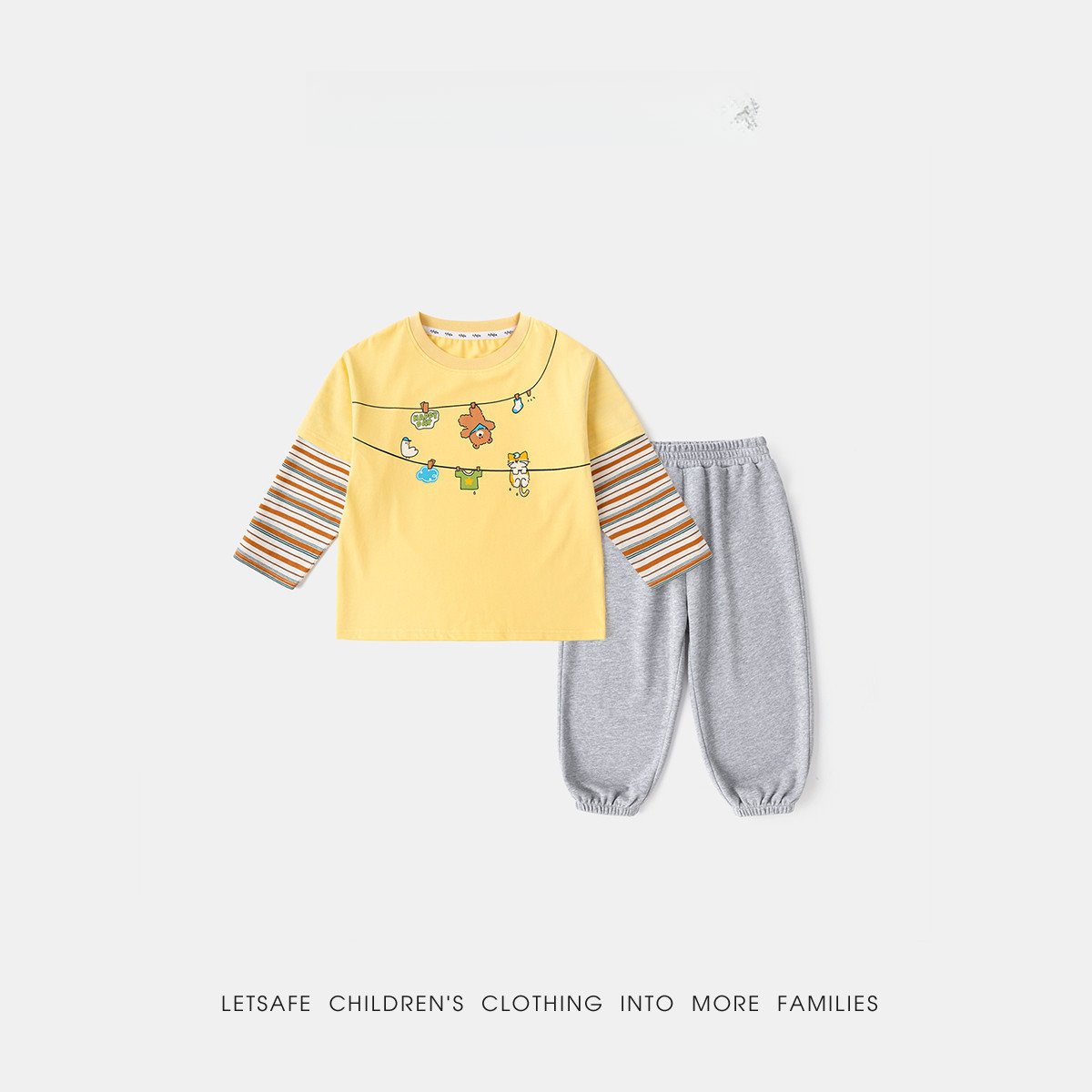 兒童假兩件卡通條紋T恤休閒褲套裝