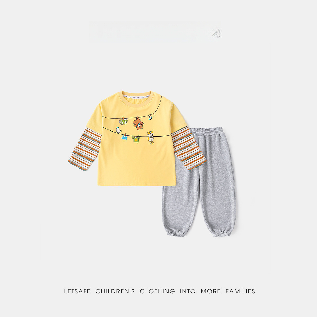 兒童假兩件卡通條紋T恤休閒褲套裝