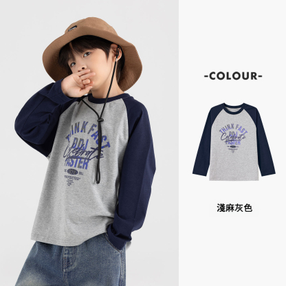 男童純棉插肩袖印花長袖T恤