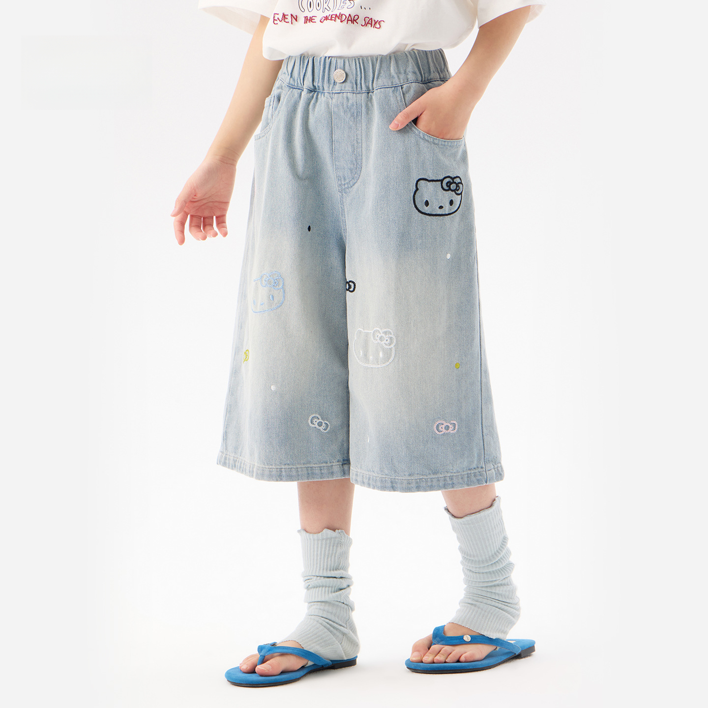 女童夏季卡通繡花七分牛仔褲