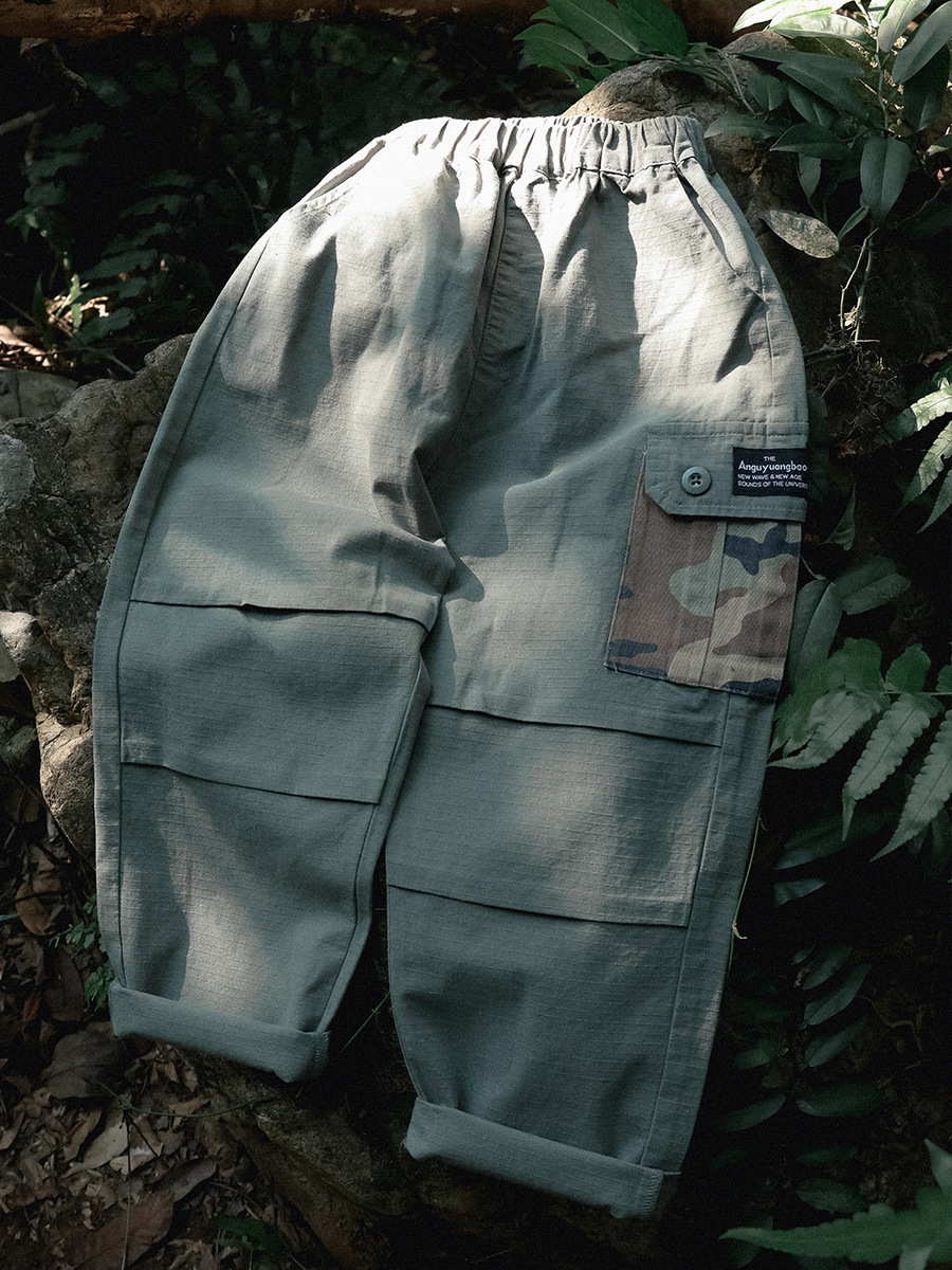 男童春季工裝耐磨寬鬆褶皺直筒長褲