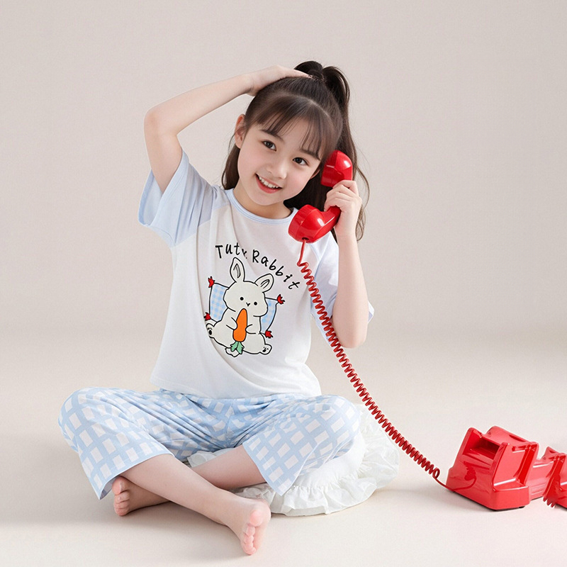 女童春秋款卡通短袖睡衣套裝