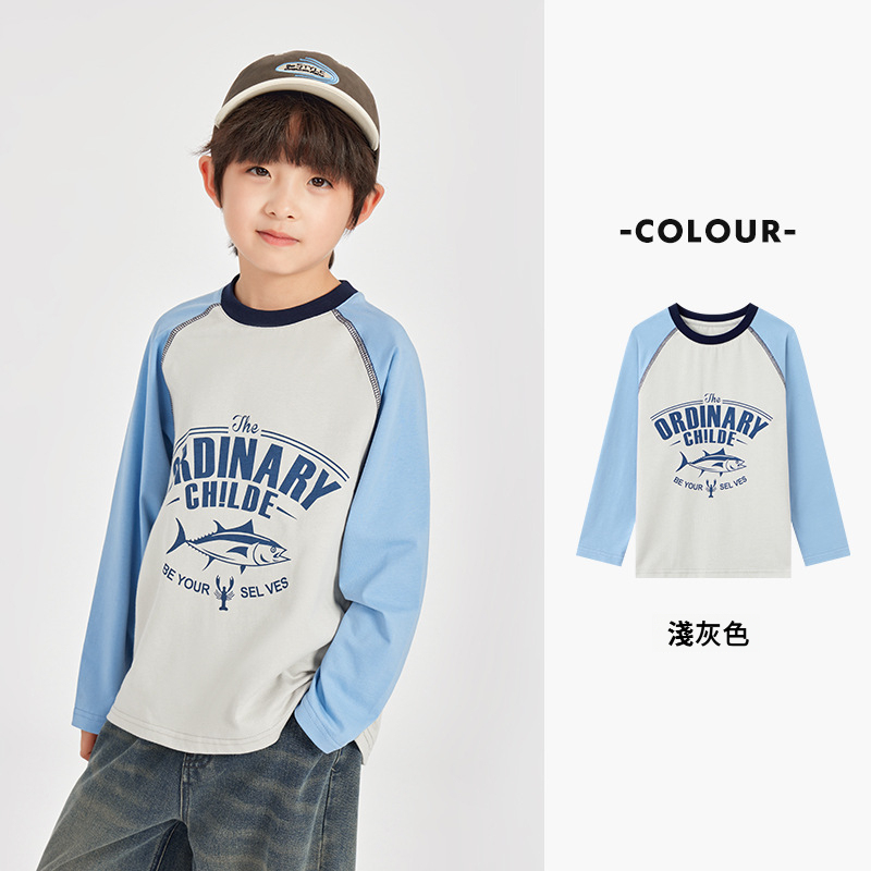 男童純棉插肩袖印花長袖T恤