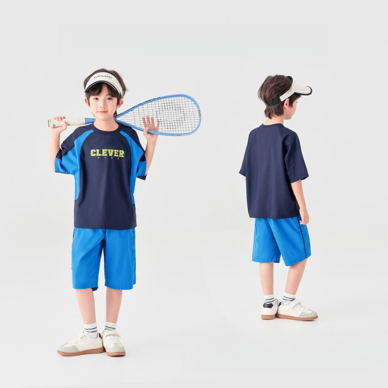 男童夏季插肩袖撞色吸汗兩件套