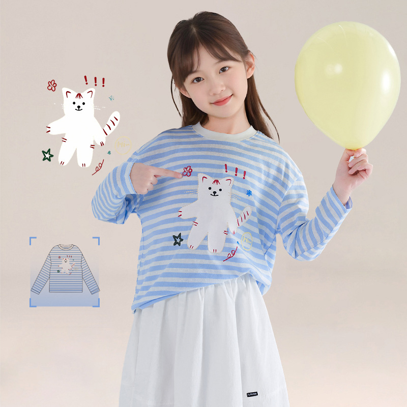女童春秋卡通寬鬆條紋長袖T恤