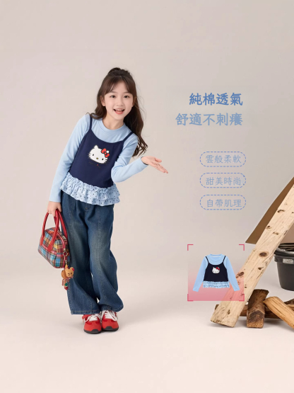 春款女童貓咪印花圖案假兩件T恤