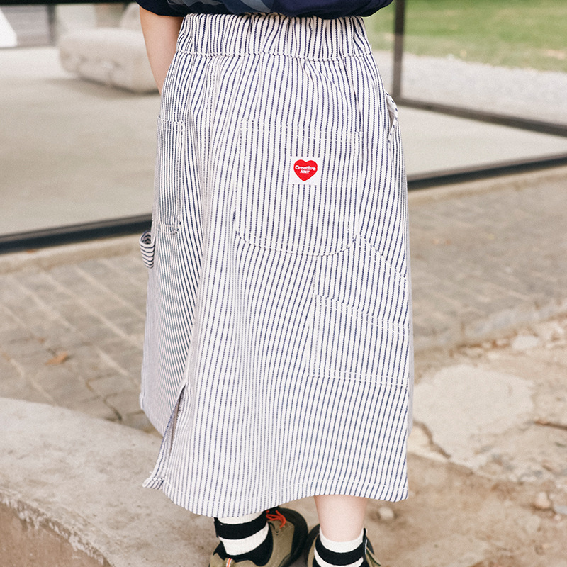 女中大童復古條紋百搭牛仔裙親子裝