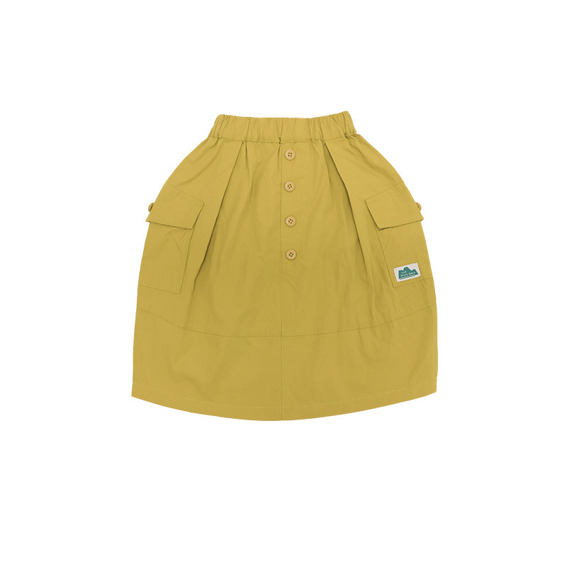 女童春季口袋紐扣長款工裝半身裙