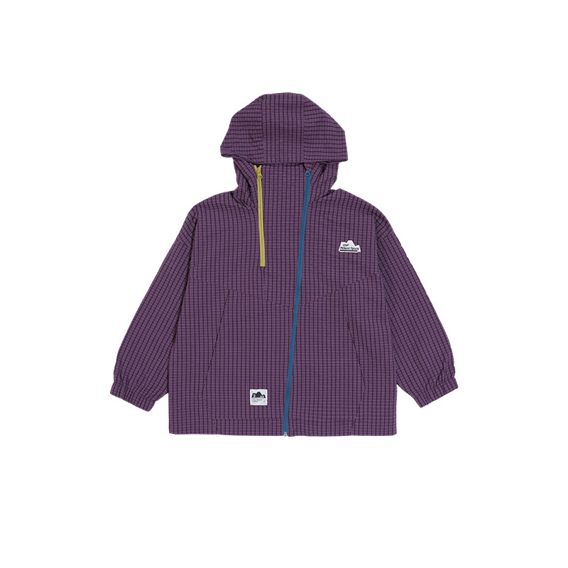 兒童秋季格紋撞色雙拉鏈立領衝鋒衣