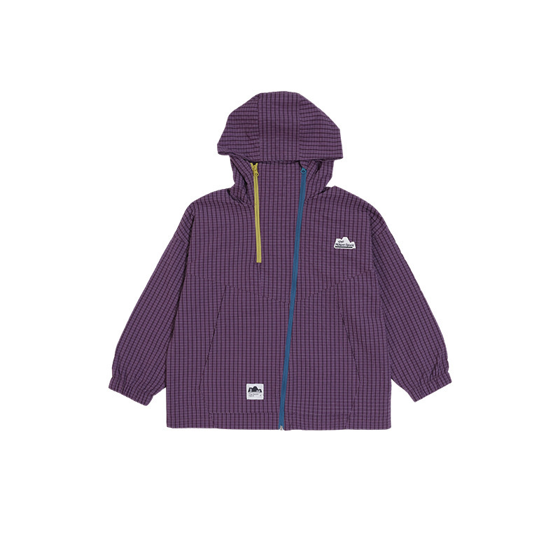 兒童秋季格紋撞色雙拉鏈立領衝鋒衣