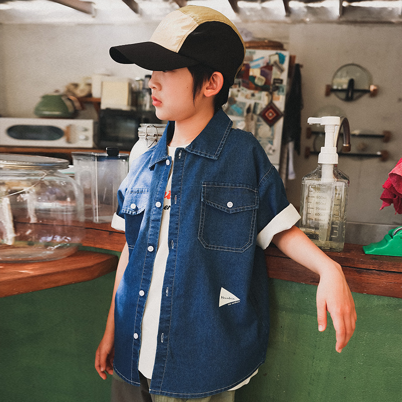 男童藍色條紋復古休閒短袖襯衫外套
