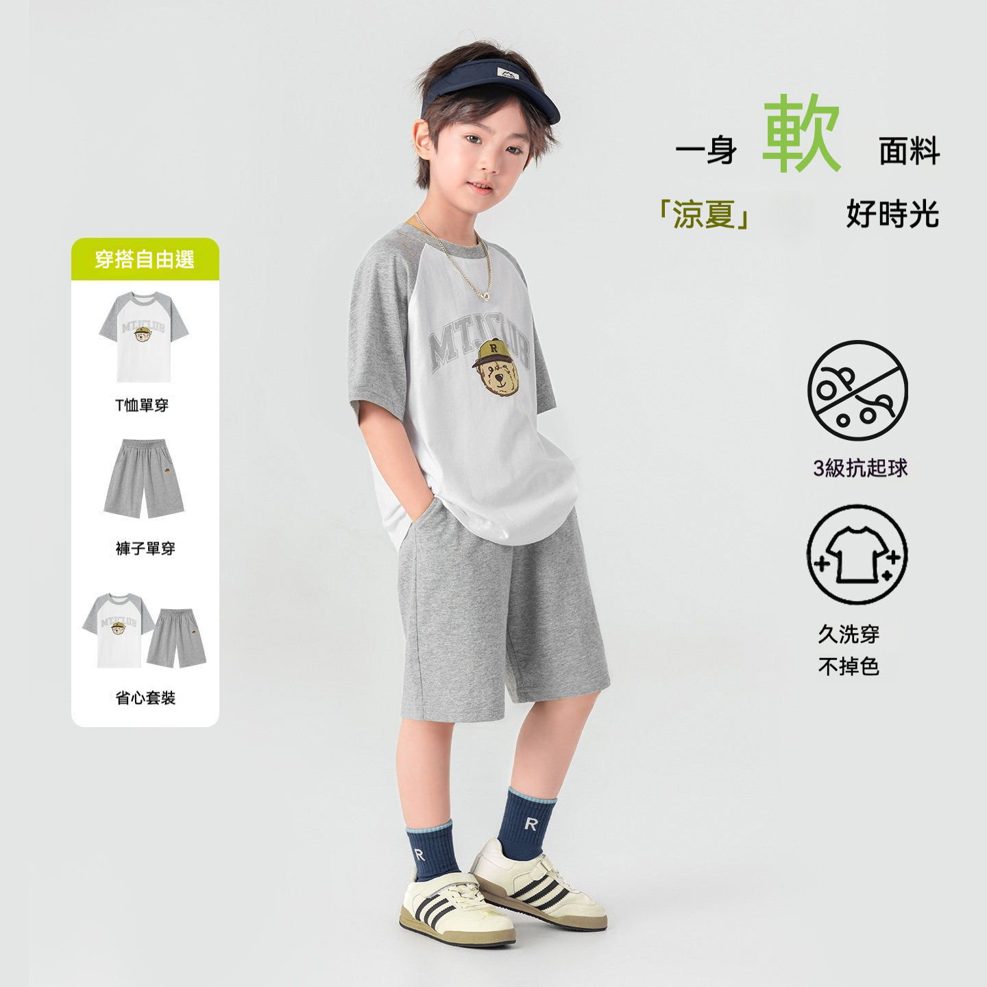 男童小熊純棉印花短袖短褲套裝