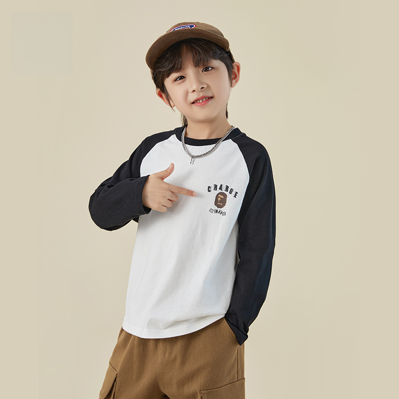 男童春秋印花撞色插肩T恤
