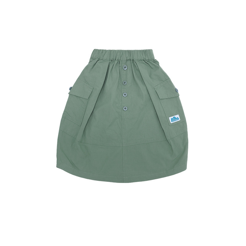 女童春季口袋紐扣長款工裝半身裙