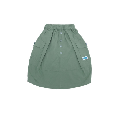 女童春季口袋紐扣長款工裝半身裙