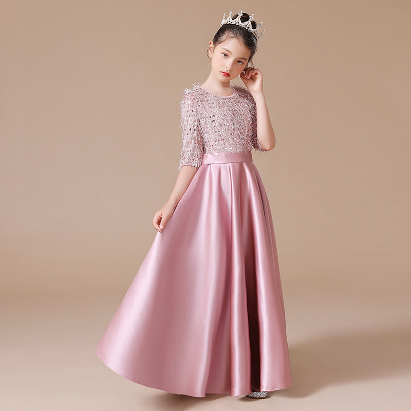 女童豆沙色圓領亮片演出服