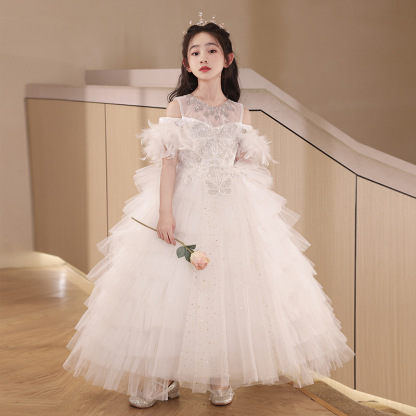 兒童輕奢小眾仿羽毛珠飾露肩裙