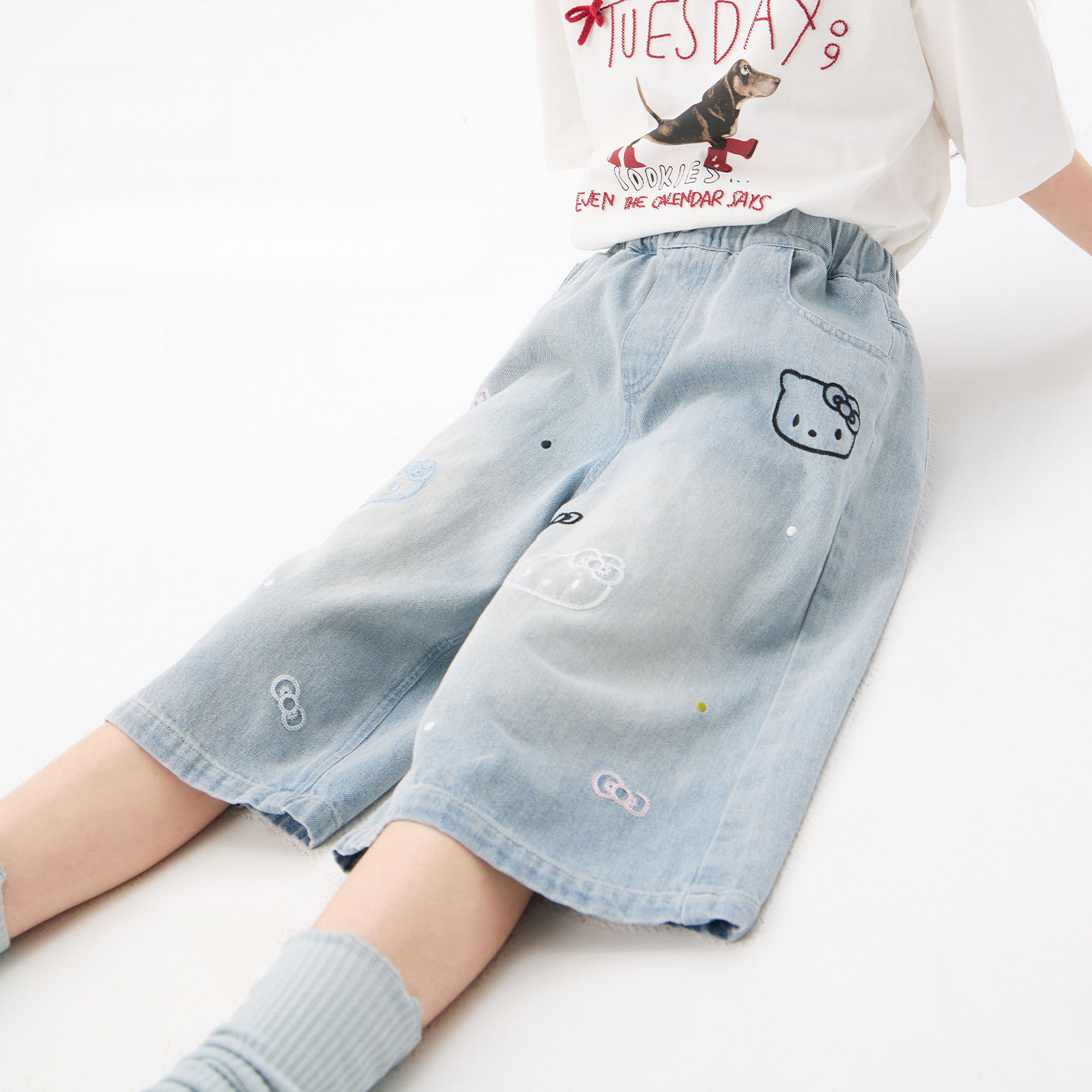 女童夏季卡通繡花七分牛仔褲
