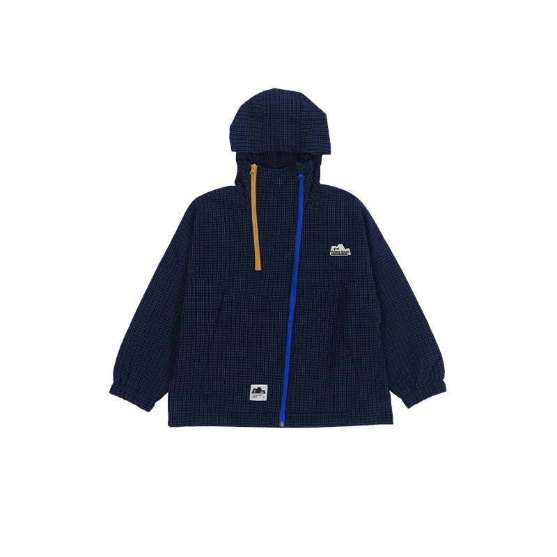 兒童秋季格紋撞色雙拉鏈立領衝鋒衣
