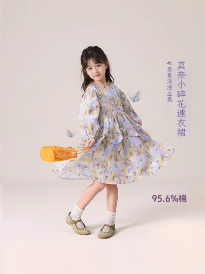 春夏新款女童莫奈小碎花連衣裙