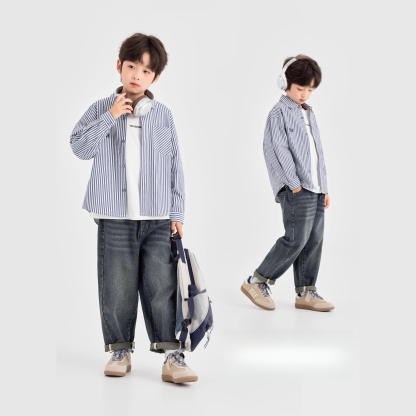 男童春秋純棉條紋刺繡襯衫
