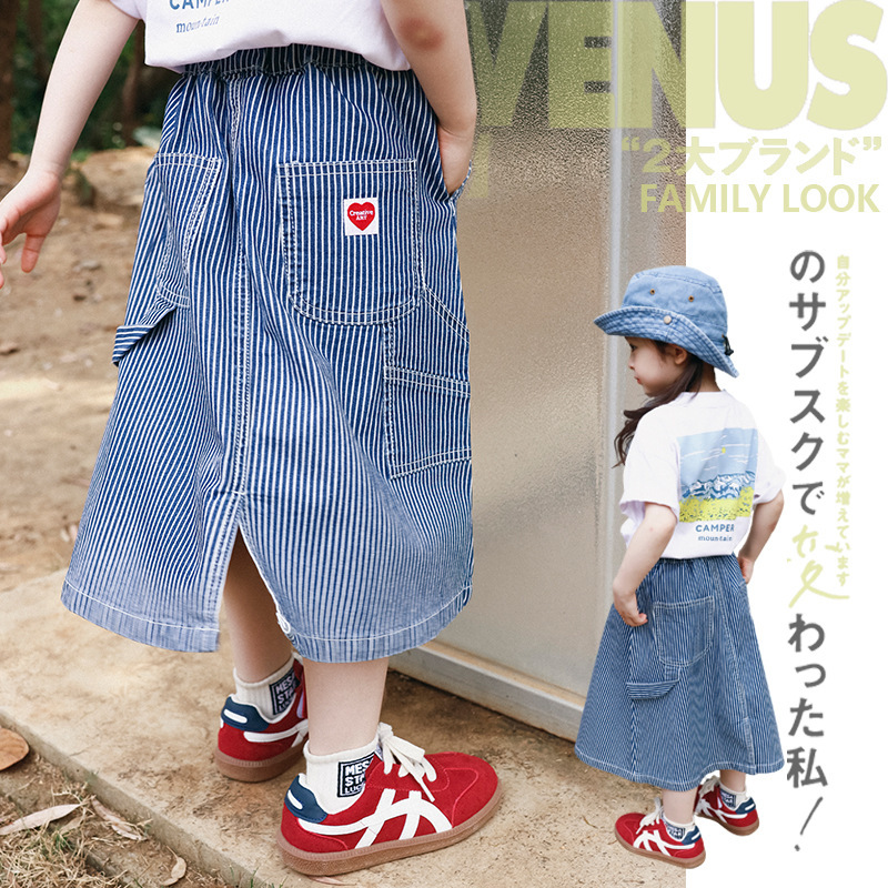 女中大童復古條紋百搭牛仔裙親子裝