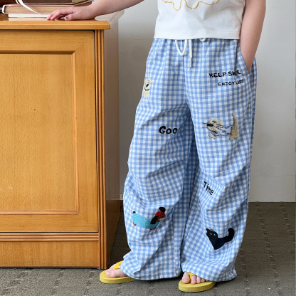 女童夏季卡通刺繡直筒沙灘闊腿褲