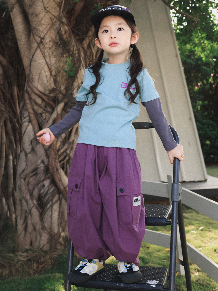 女童春季純棉寬鬆束脚工裝長褲