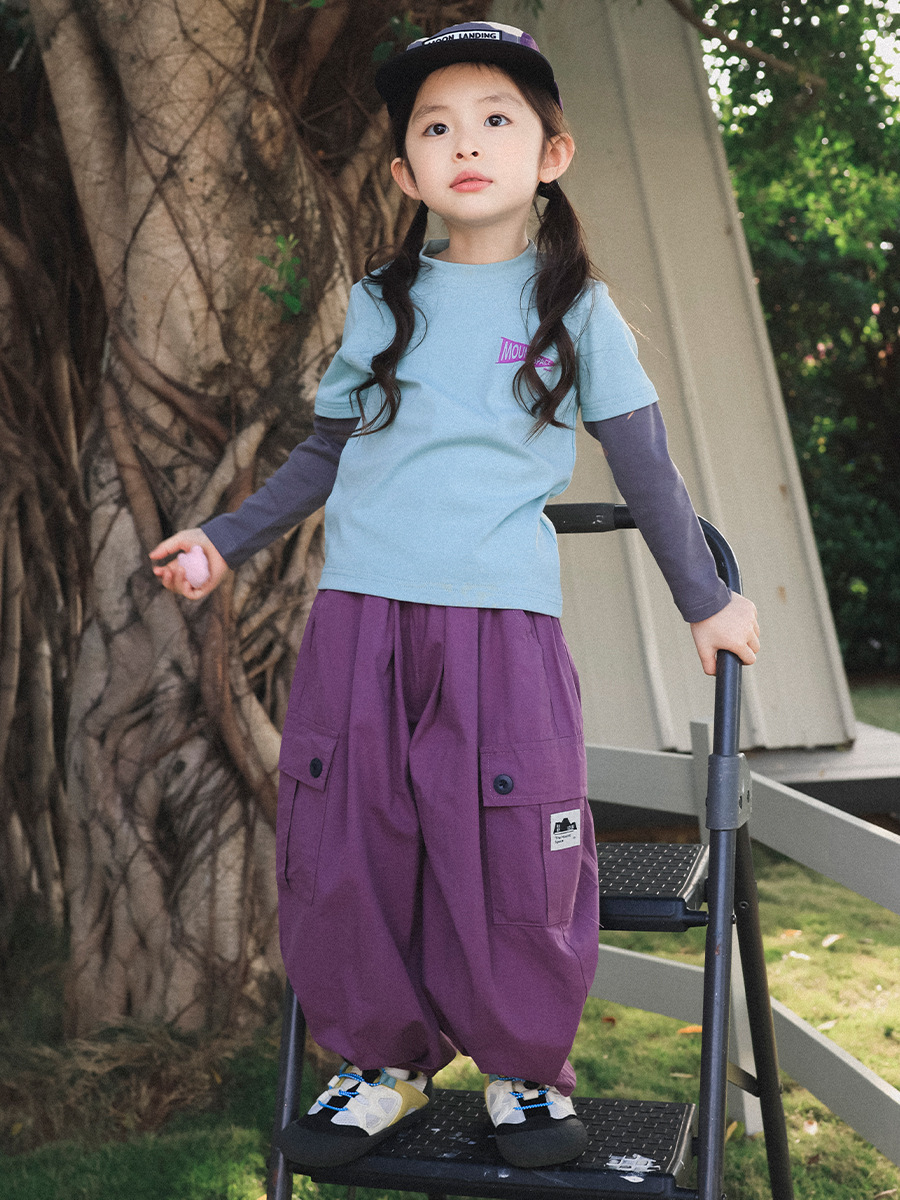 女童春季純棉寬鬆束脚工裝長褲