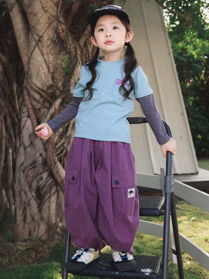 女童春季純棉寬鬆束脚工裝長褲