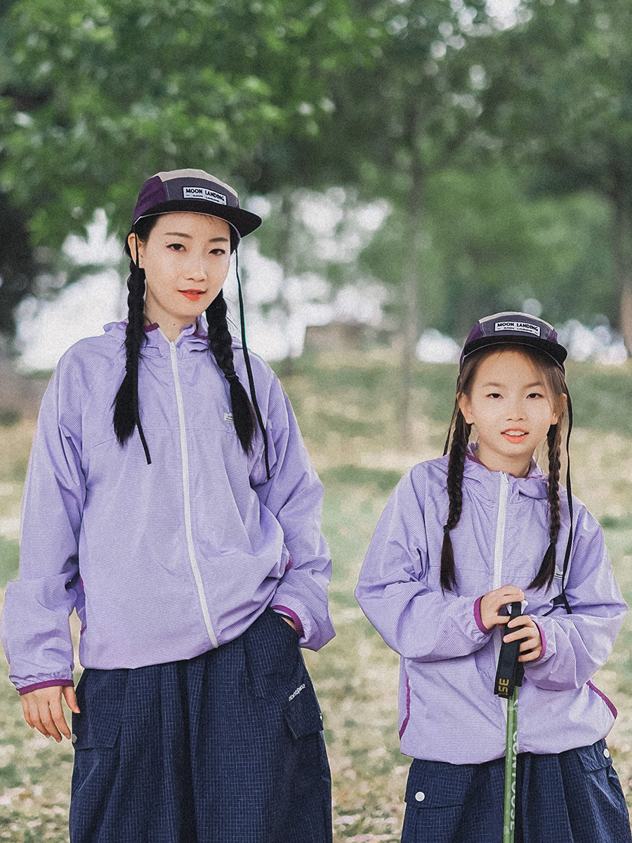 親子裝女童春季防曬連帽輕薄格紋拉鏈外套
