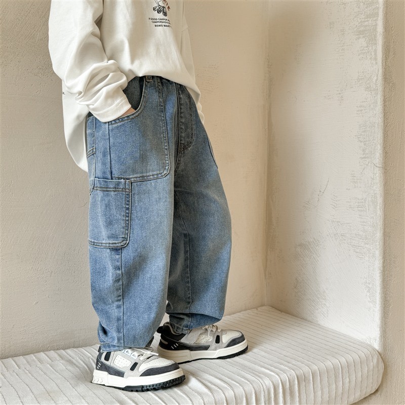 男童春季寬鬆闊腿牛仔彎刀褲