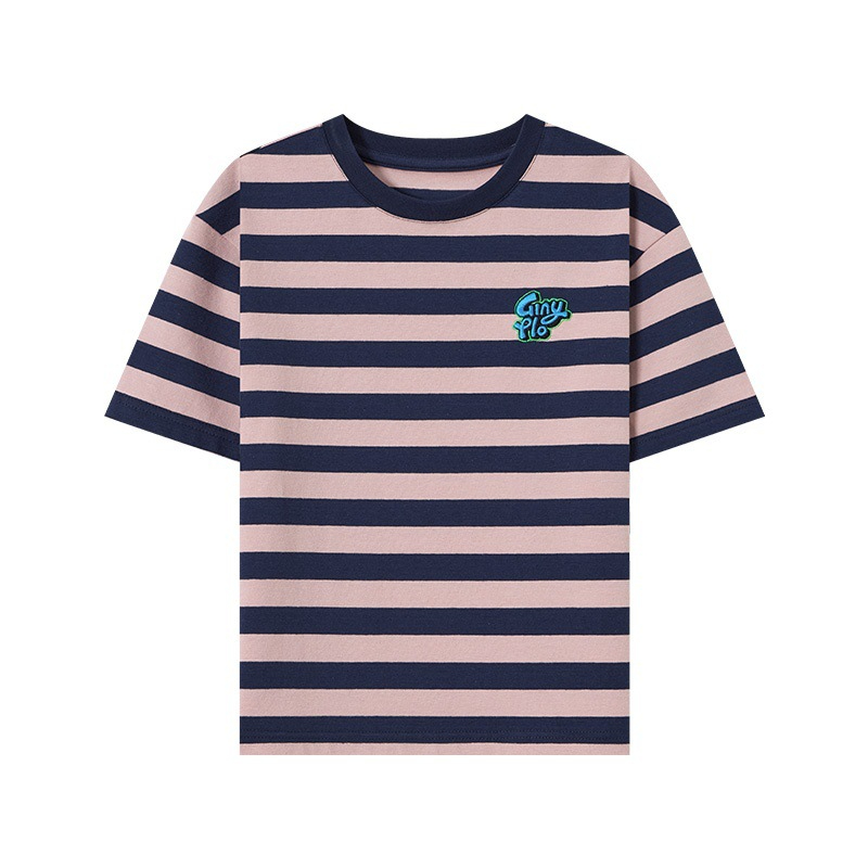 夏季男童彈力休閑撞色條紋寬鬆上衣短袖T恤