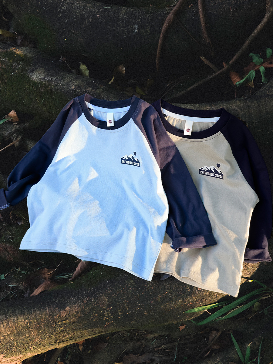 女童春季圓領純棉撞色插肩印花長袖打底衫T恤