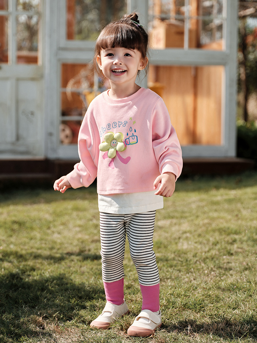 女童甜美假兩件長袖T恤格紋打底褲兩件套