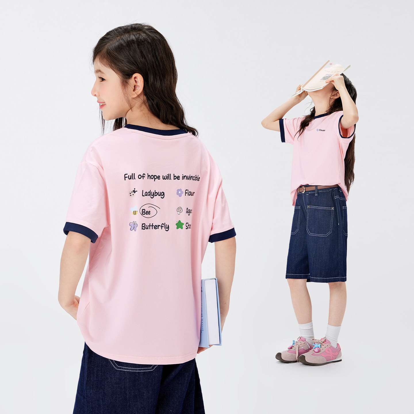 女童夏季涼感撞色字母印花小冰T短袖