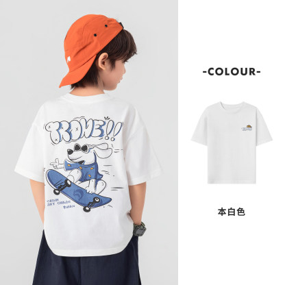 夏季男童全棉涼感滑板小狗印花短T