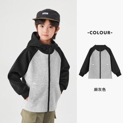男童春款中大童拼色印花寬鬆連帽外套