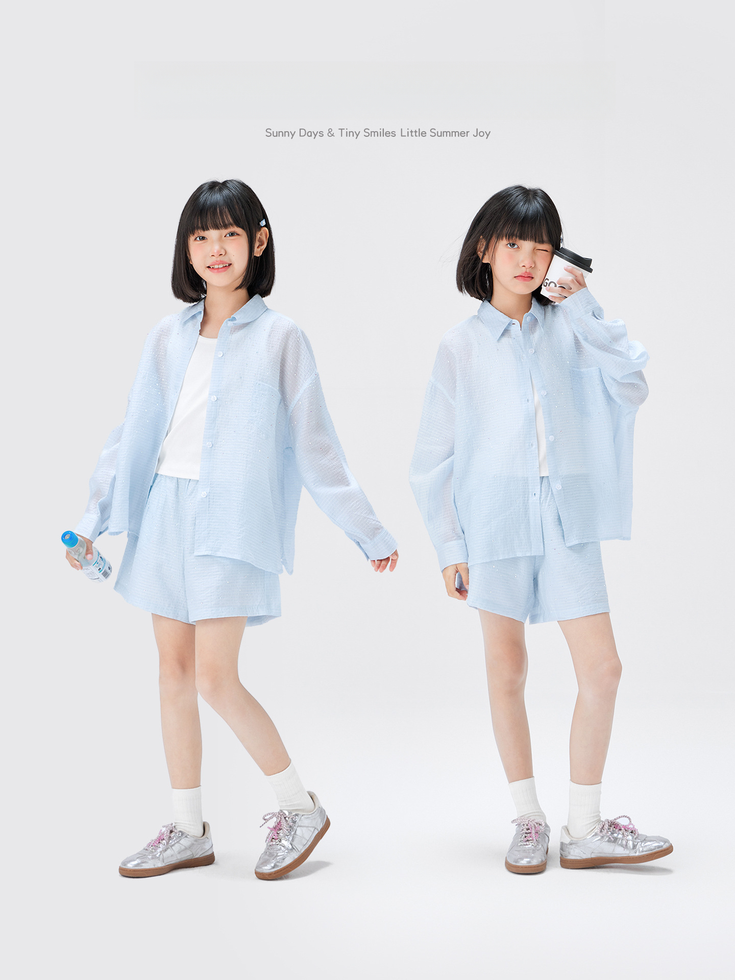 女童海風燙鑽襯衫短褲兩件套