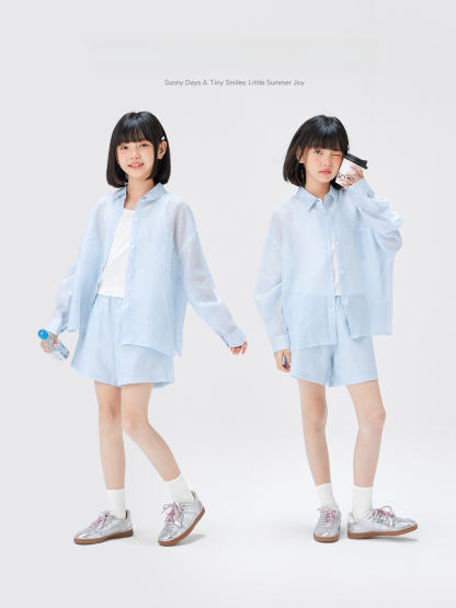 女童海風燙鑽襯衫短褲兩件套