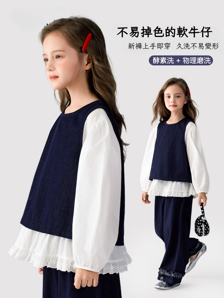 春季女童簡約軟牛仔馬甲牛仔褲兩件套