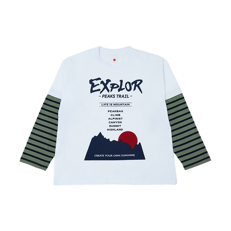 男童春季假兩件撞色印花長袖T恤